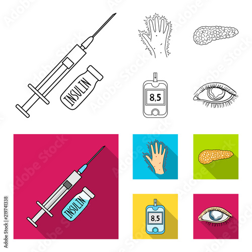 Syringe with insulin, pancreas, glucometer, hand diabetic. Diabet set collection icons in outline,flat style vector symbol stock illustration web.