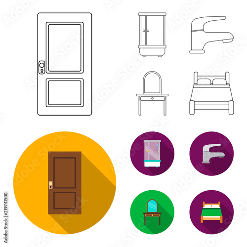 Door, shower cubicle, mirror with drawers, faucet.Furniture set collection icons in outline,flat style vector symbol stock illustration web.