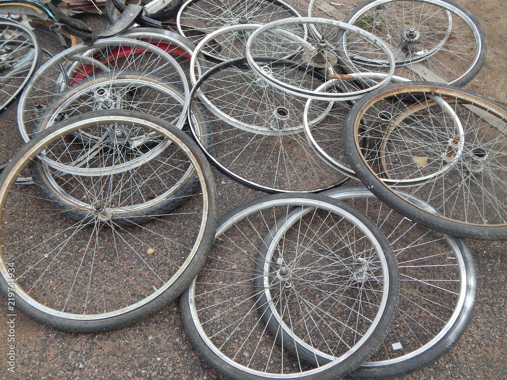 Wheels of old bikes on the flea market Wheels of old bikes on the flea market