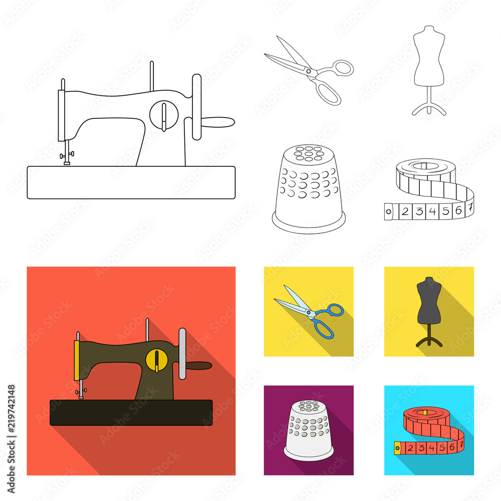 Manual sewing machine, scissors, maniken, thimble.Sewing or tailoring