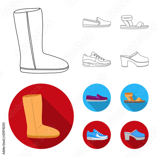 Beige ugg boots with fur, brown loafers with a white sole, sandals with a fastener, white and blue sneakers. Shoes set collection icons in outline,flat style vector symbol stock illustration web.
