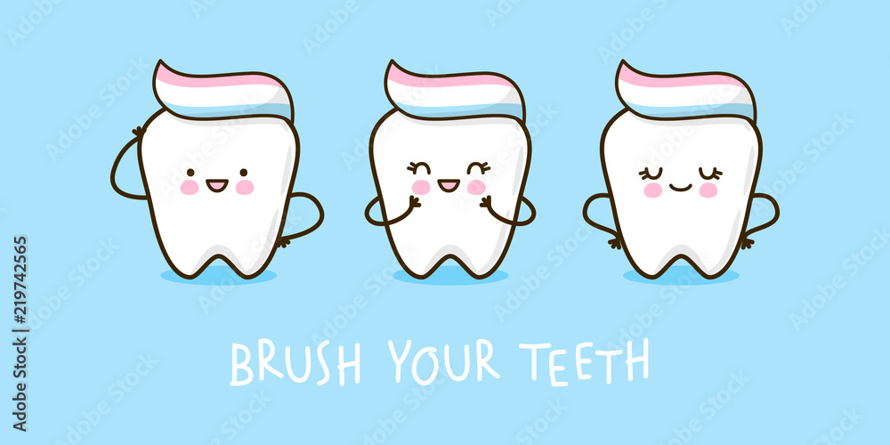 Set of cute little teeth on blue background