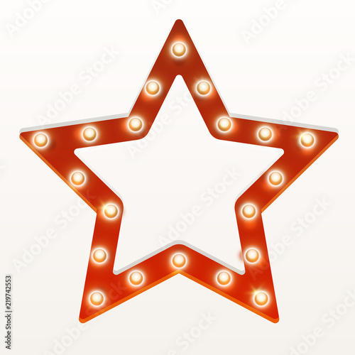Red star with shiny light bulbs on white background
