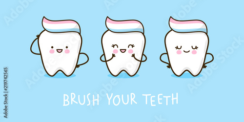 Set of cute little teeth on blue background