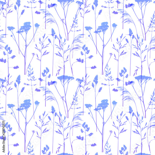 Seamless pattern with violet herbal silhouettes