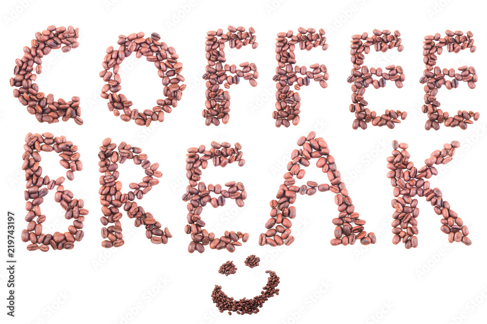 coffee break text with smile emoticon from coffee beans. Isolated on white background.