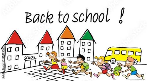 Back to school, school children with bags running to school, vector funny illustration