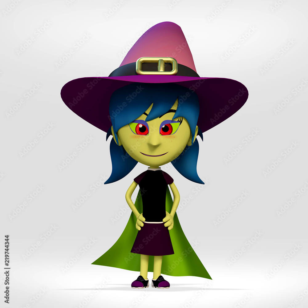 halloween, girl dressed as a witch on white background. 3d cartoon illustration