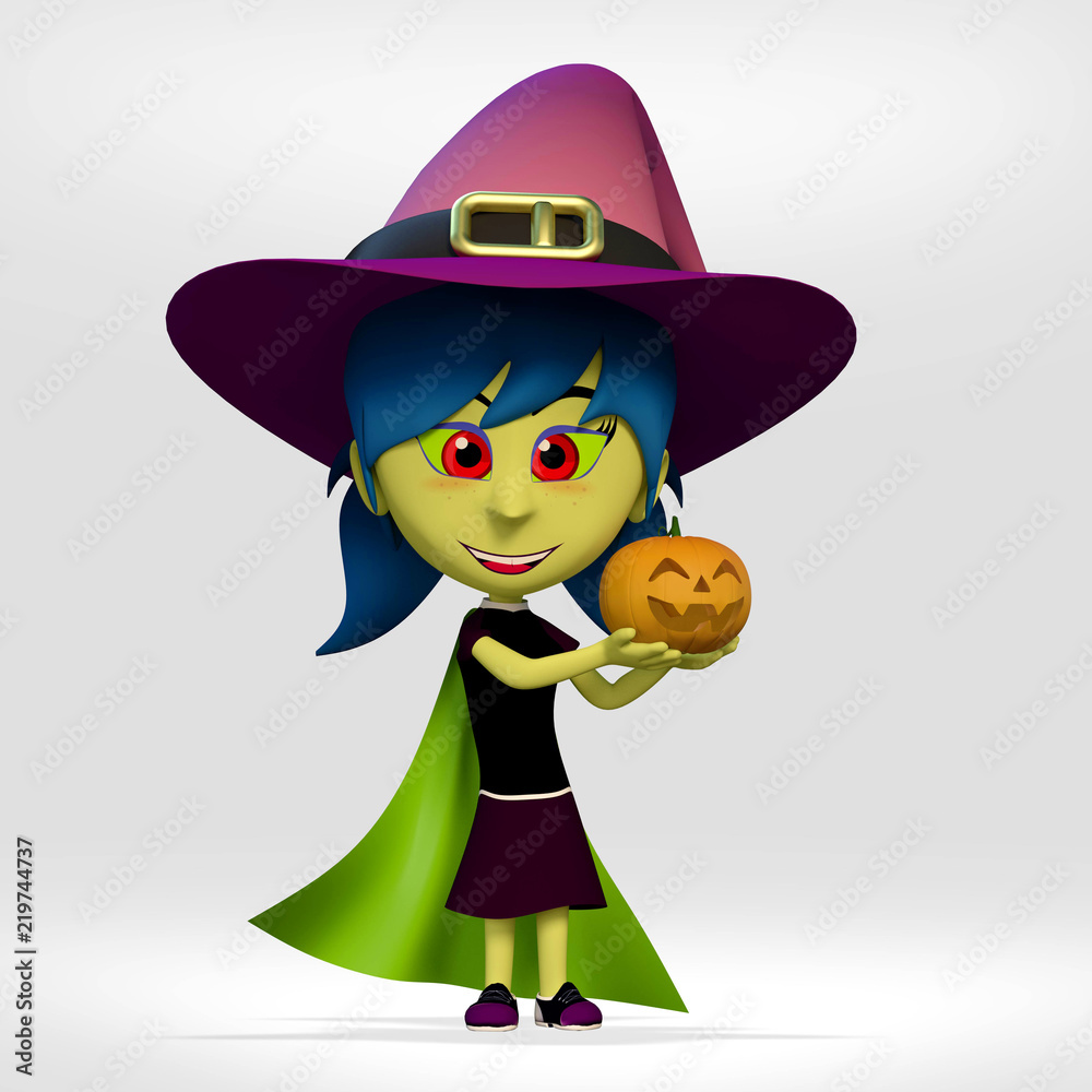 halloween, girl dressed as a witch showing pumpkin jack lanter. 3d cartoon illustration