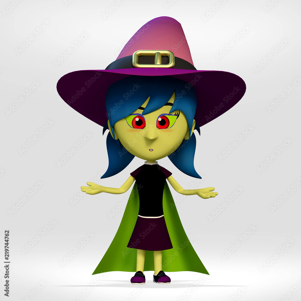 halloween, girl dressed in surprise witch on white background. 3d cartoon illustration