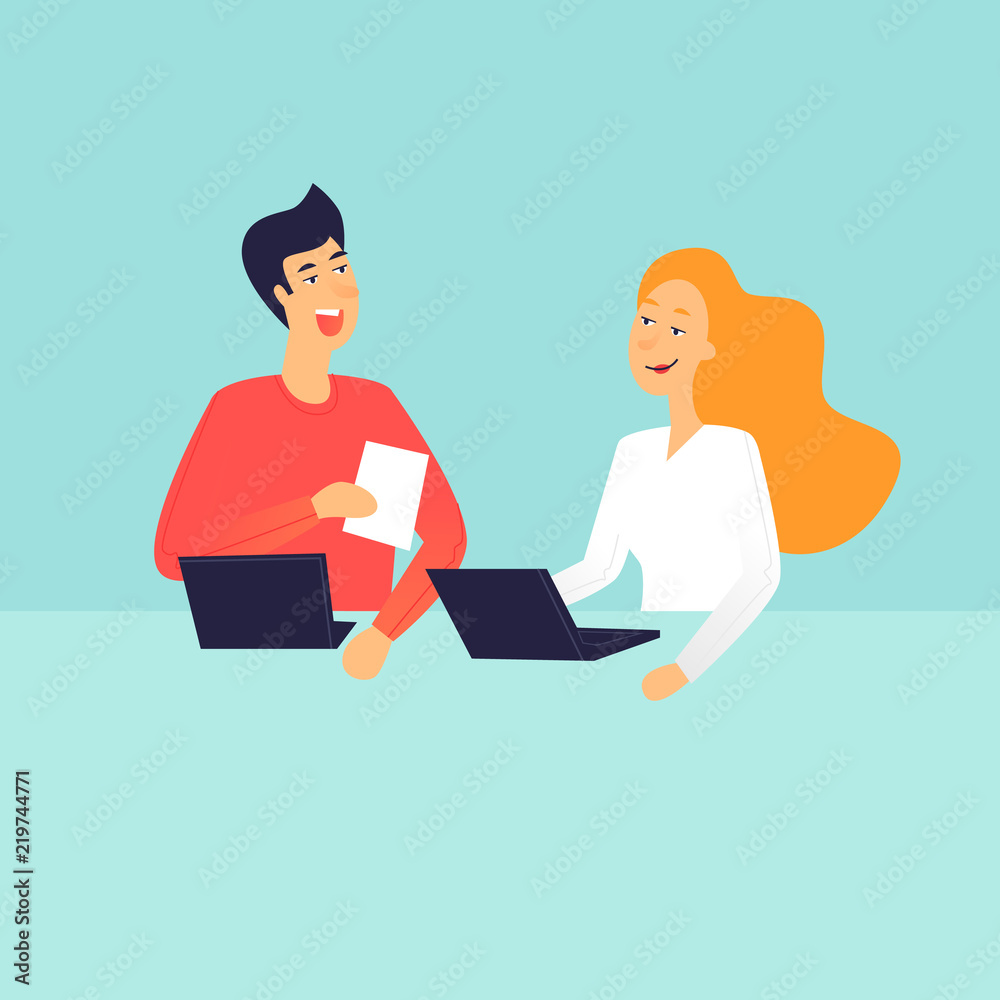 Man and woman communicate near the computer, office life. Flat design vector illustration. Man and woman communicate near the computer, office life. Flat design vector illustration.