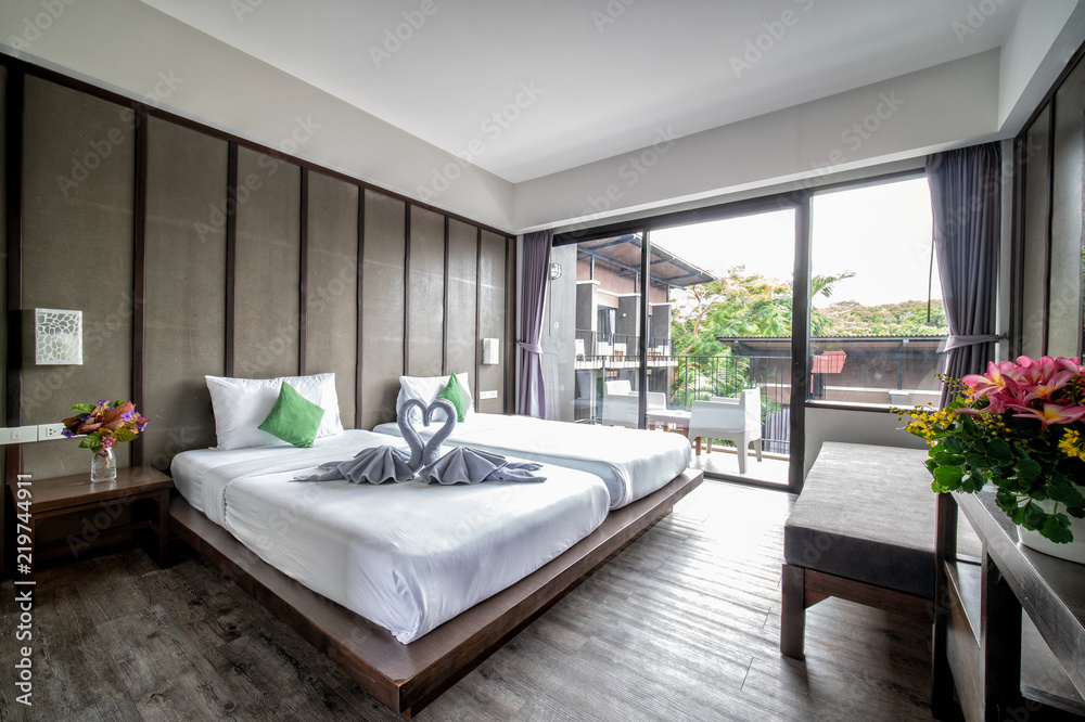 interia perspective of double double hotel bedroom with two king size