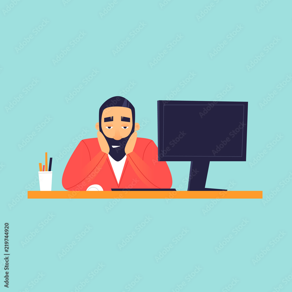 Sad man sitting near computer, office life.  Flat design vector illustration.