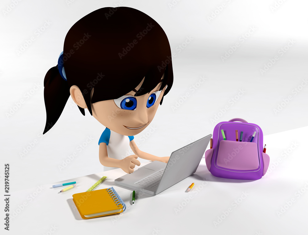 student girl with backpack studying at computer. 3d cartoon illustration  Stock Illustration | Adobe Stock