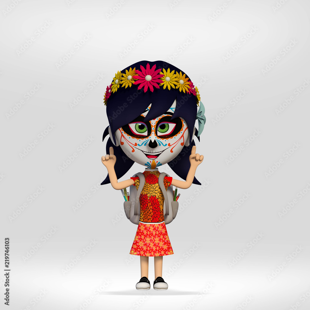  day of the dead, student girl dressed as a Mexican skull. 3d cartoon illustration