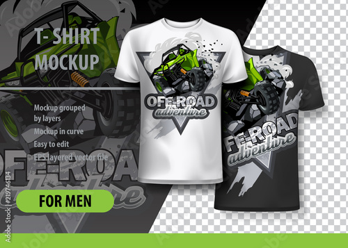 T-Shirt template, fully editable with Green ATV Buggy. EPS 10 Vector Illustration.