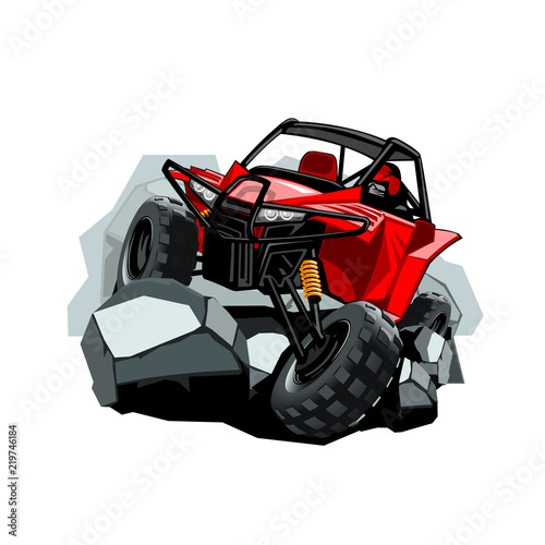 Off-Road ATV Buggy, rides in the mountains on the rocks. Red color.