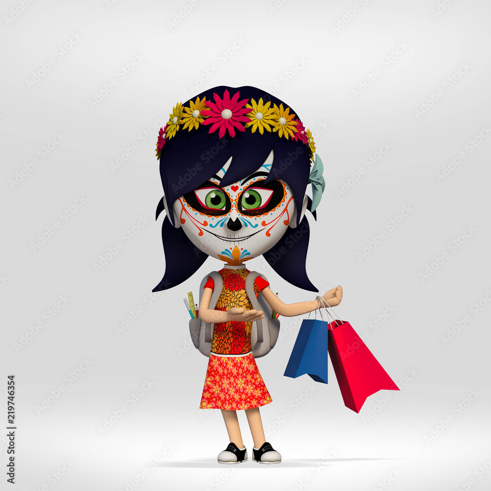 dia de los muertos, student girl dressed in Mexican skull making shopping. 3d cartoon illustration dia de los muertos, student girl dressed in Mexican skull making shopping. 3d cartoon illustration