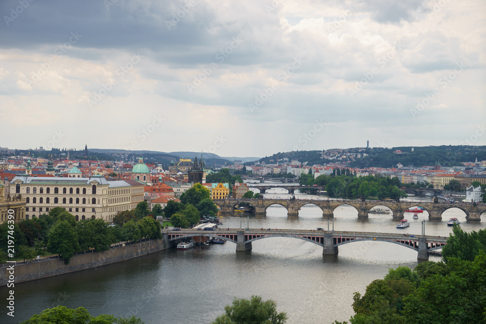 landscape view to Charles bridge on Vltava river in Prague Czech republic