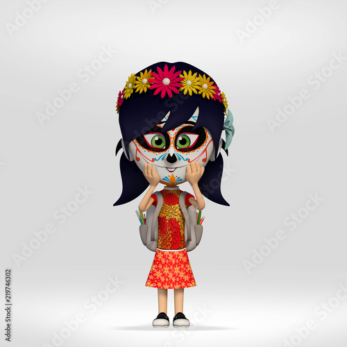  day of the dead  student girl dressed as a Mexican skull. 3d cartoon illustration