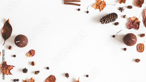 Autumn composition. Frame made of autumn things on white background. Flat lay, top view, copy space