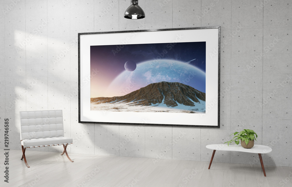 Fototapeta premium Large horizontal frame hanging on a white concrete wall 3D rendering