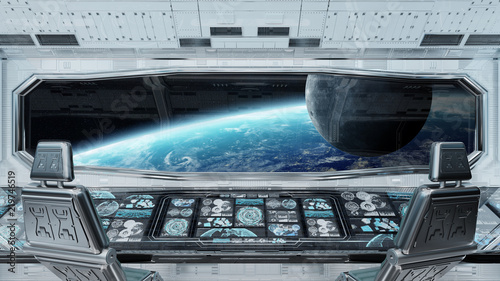Fototapeta Naklejka Na Ścianę i Meble -  White clean spaceship interior with view on planet Earth 3D rendering