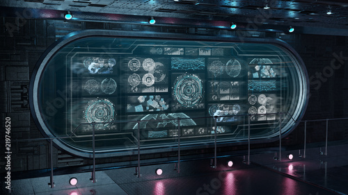 Fototapeta Naklejka Na Ścianę i Meble -  Dark spaceship interior with control panel digital screens 3D rendering
