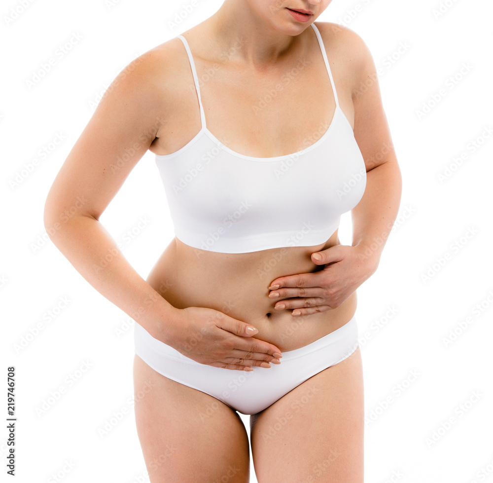 Woman massaging stomach pain on white background 