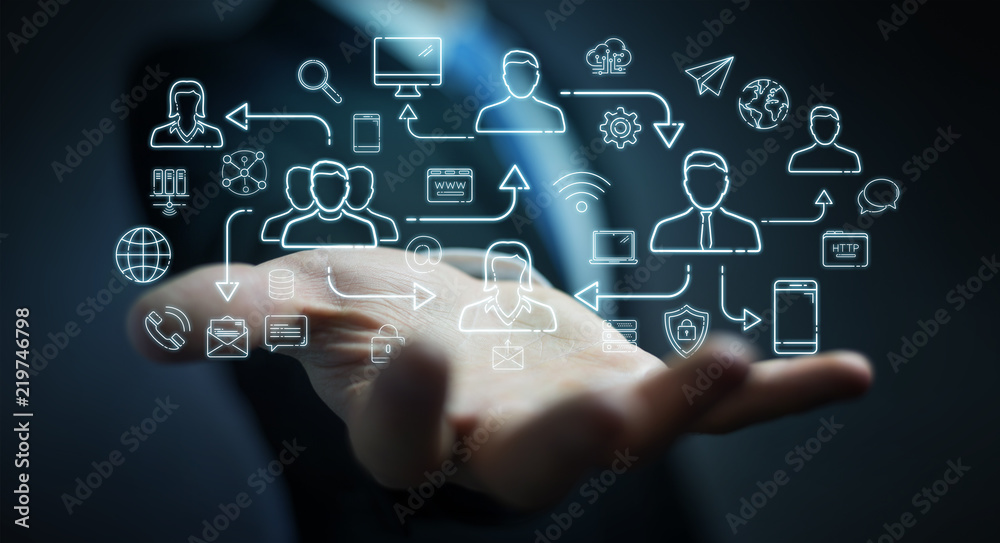 Businessman using thin line social network icons interface Businessman using thin line social network icons interface