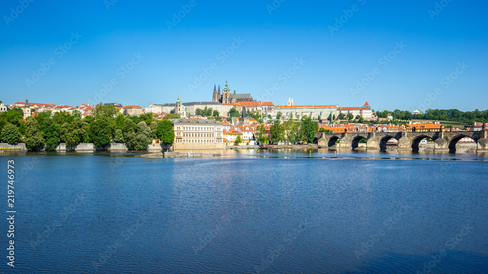 Prague city skyline with view of Vltava River in Prague, Czech Republic