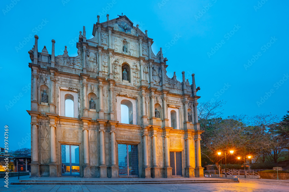 Ruins of St. Paul's at night in Macao, China