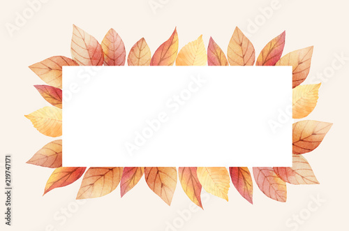 Watercolor autumn banner with leaves and branches isolated on white background.