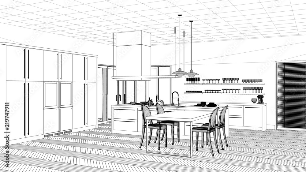 Obraz Interior design project, black and white ink sketch, architecture blueprint showing modern kitchen with island and chairs