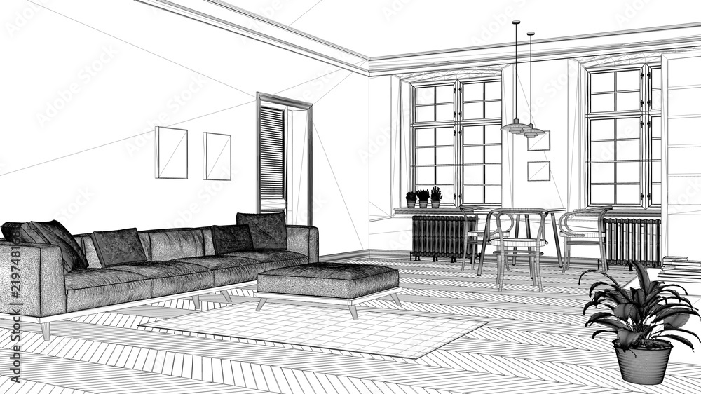 Interior design project, black and white ink sketch, architecture blueprint showing modern living room with dining table