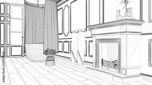 Interior design project  black and white ink sketch  architecture blueprint showing classic bathroom with fireplace