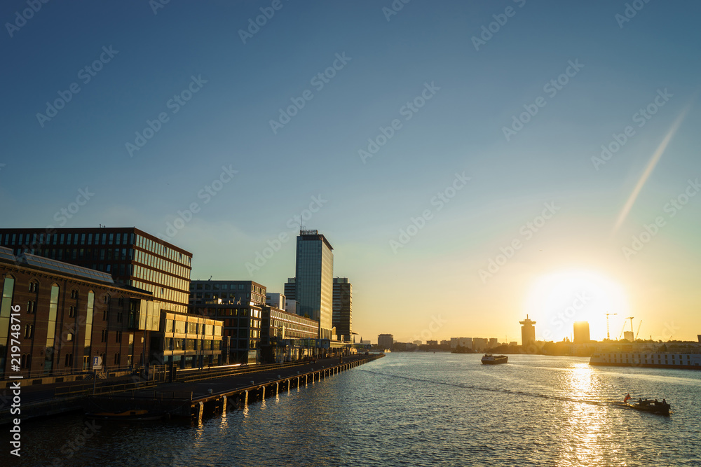 An empty cruise port in Amsterdam. In the city center at sunset