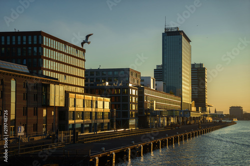 An empty cruise port in Amsterdam. In the city center at sunset