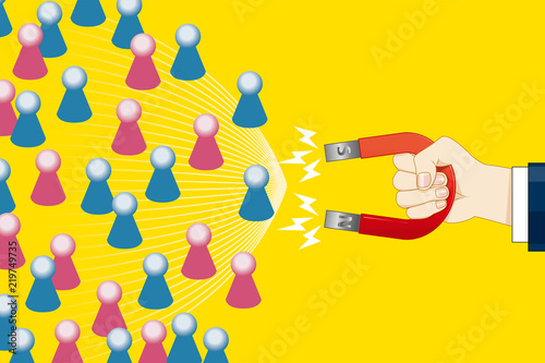 磁石を持つ手とソーシャルネットワークサービスのイメージのイラスト｜マーケティング・ビジネスイメージ｜Magnet illustration
