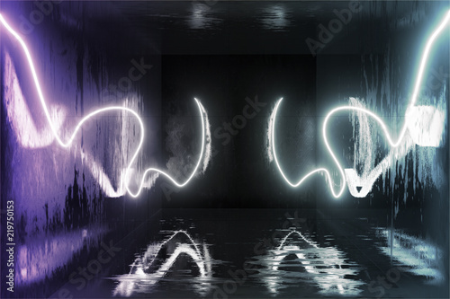 3d Visualization. Geometric figure in neon light against a dark tunnel. Laser glow.