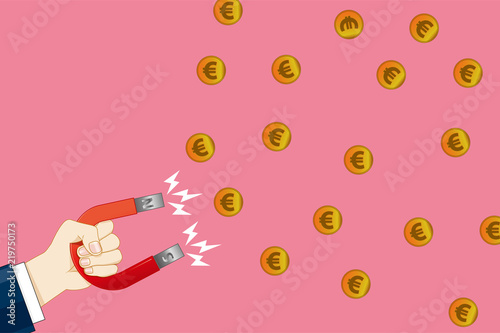磁石を持つ手とお金を吸引するイラスト｜ビジネスイメージ　ユーロ｜Magnet illustration
