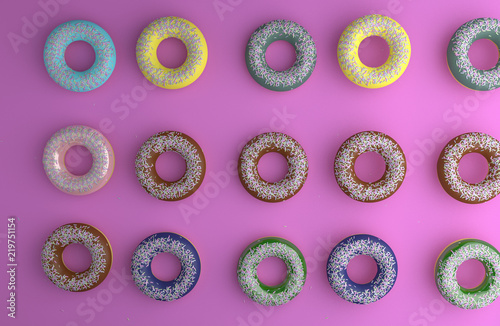 Top view various donut isolated on white background . 3d rendering .