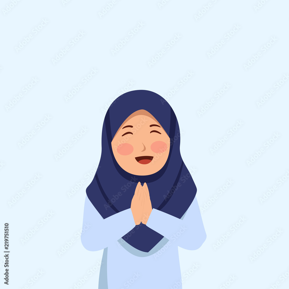 Cute Hijab Girl Smilling Greeting Illustration Eid and Hijri New Year Vector Cartoon Cute Hijab Girl Smilling Greeting Illustration Eid and Hijri New Year Vector Cartoon