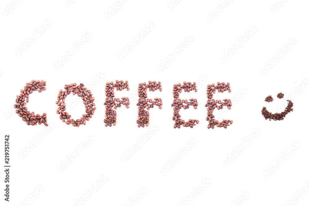 coffee text with smile emoticon from coffee beans. Isolated on white background coffee text with smile emoticon from coffee beans. Isolated on white background