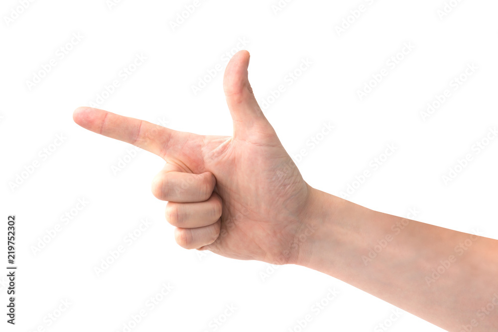 Female hand with finger pointing left isolated on white background Female hand with finger pointing left isolated on white background