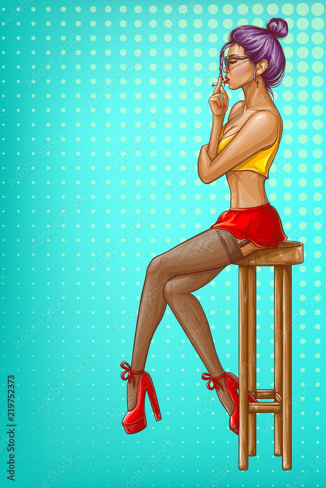 Detectable suma aeronave Vector pop art girl is sitting on wooden bar stool. Sexy woman character in  stockings, short