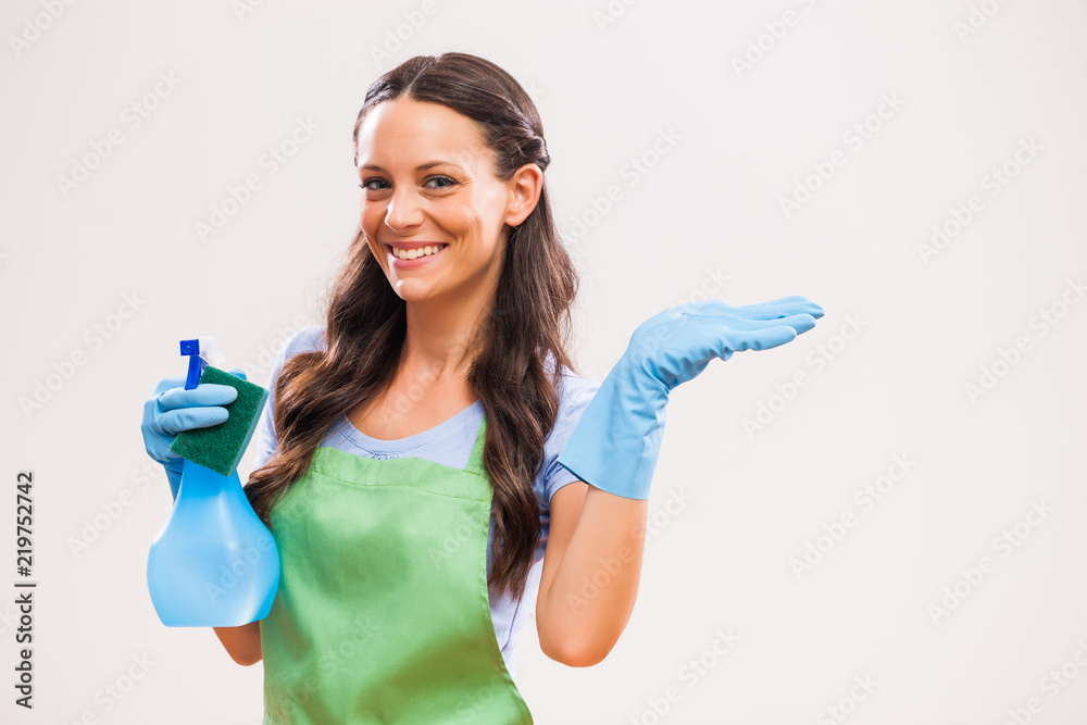 Portrait of housewife who is ready for housework. Portrait of housewife who is ready for housework.