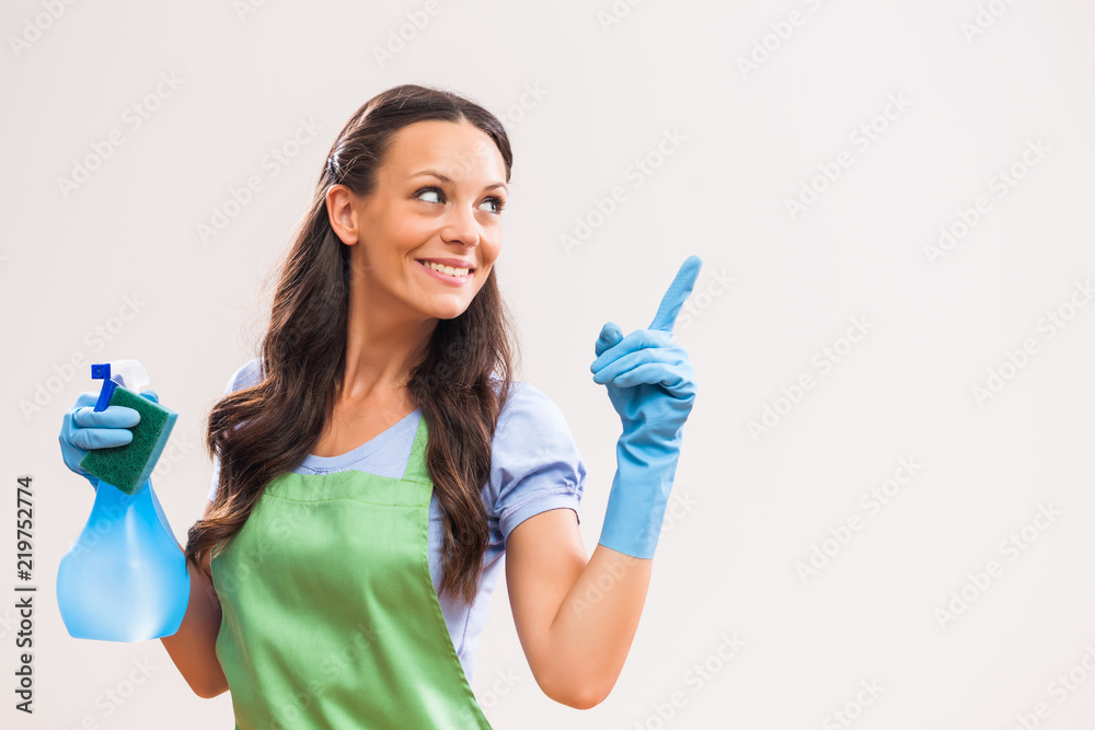 Portrait of housewife who is ready for housework. Portrait of housewife who is ready for housework.