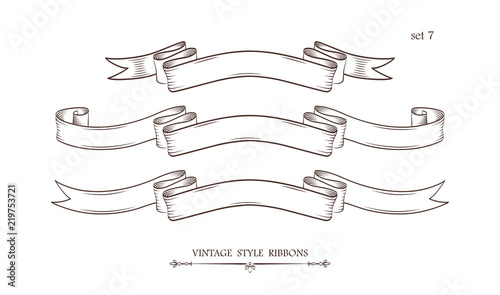 Set of vintage hand drawn ribbons. Collection of retro labels, banners and logo elements. Logotype design. Vector illustration.