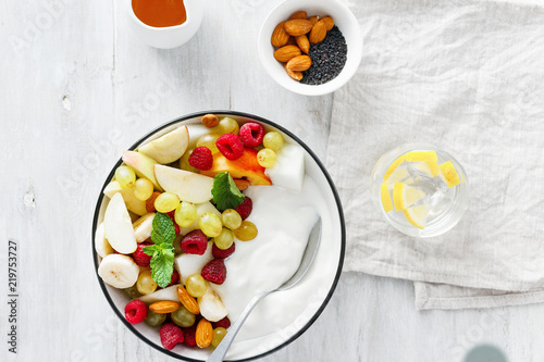 full fruit breakfast natural yoghurt bowl Healthy food top view